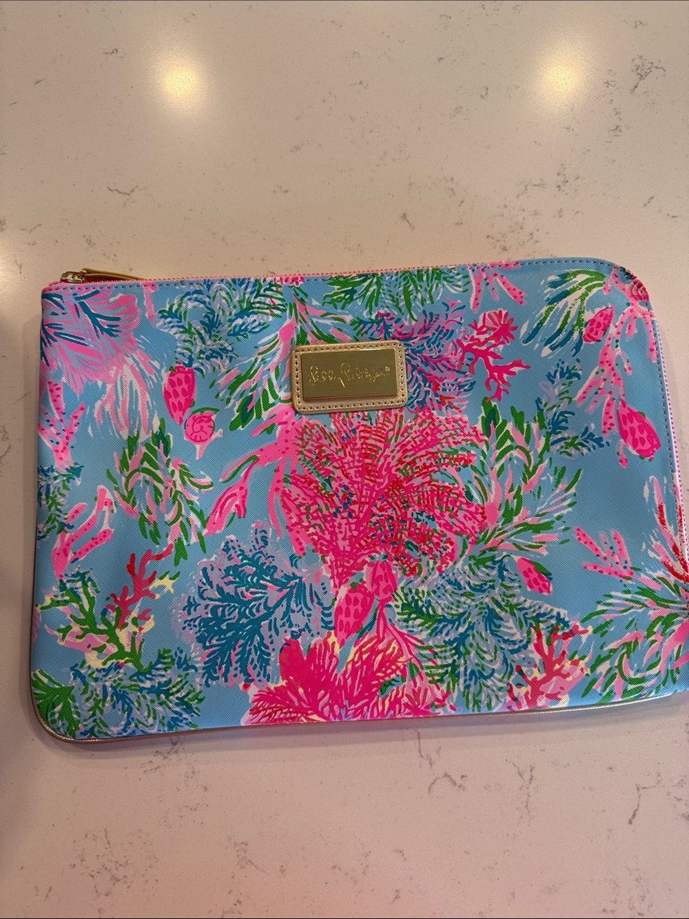 Lilly Pulitzer Blue Floral Zip Pouch with Pink and Green Accents